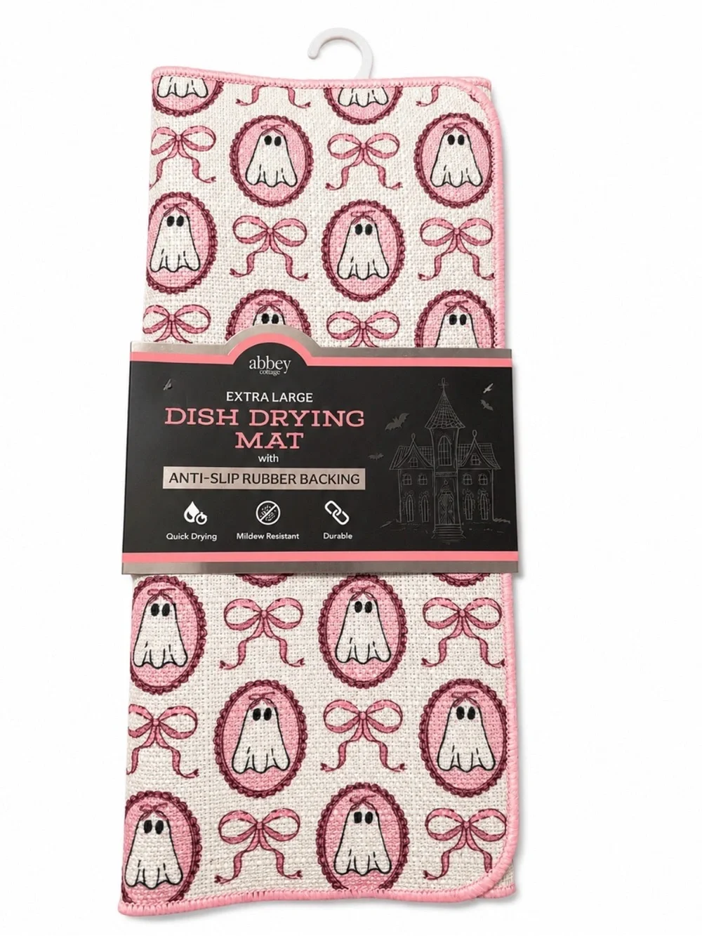 NWT Abbey Cottage Pink Ghost Kitchen Towel & XL Dish Drying Mat Set Halloween